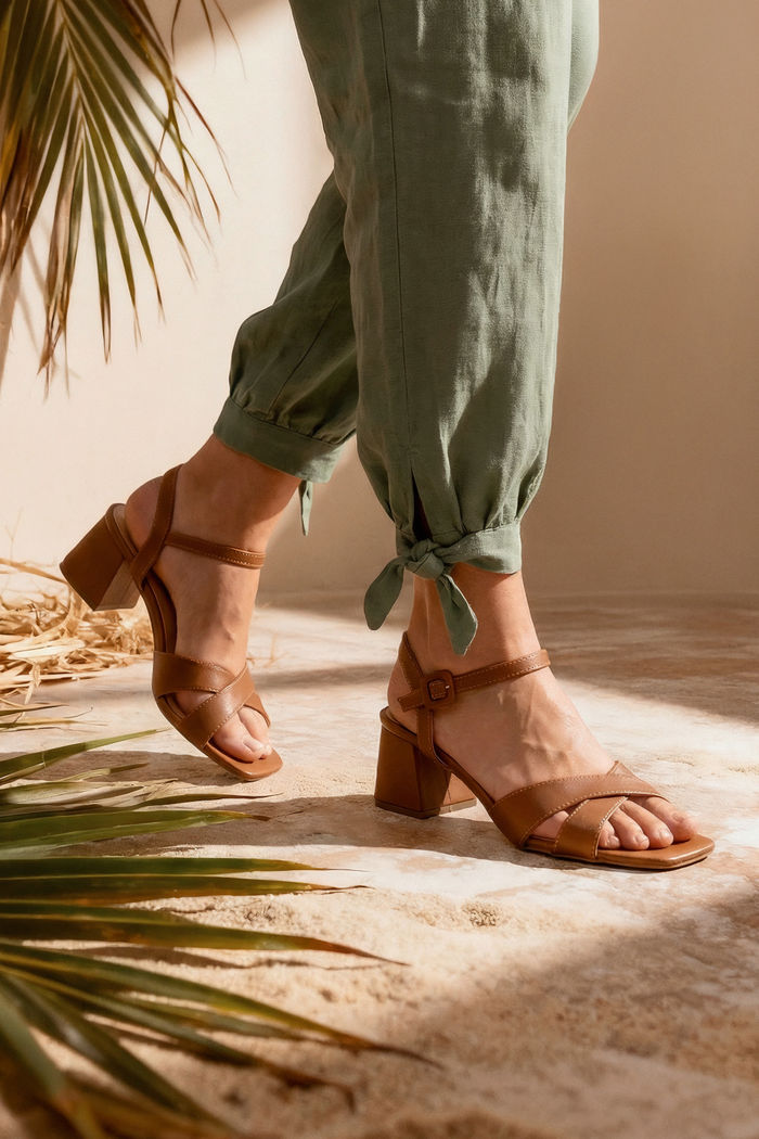 Sandália com Tiras Cruzadas e Salto Bloco Tostado