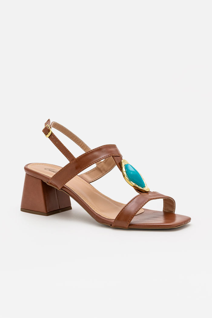 Sandália Moderna com Pedra Azul e Salto Bloco Tostado