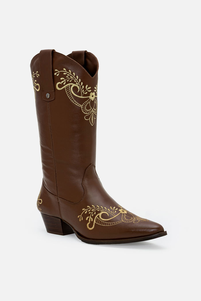 Bota Western em Couro com Bordados Tostado