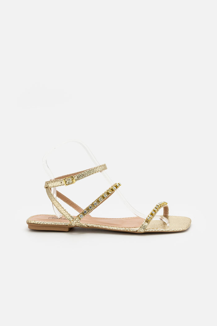 Rasteira com Tiras Delicadas e Strass Ouro