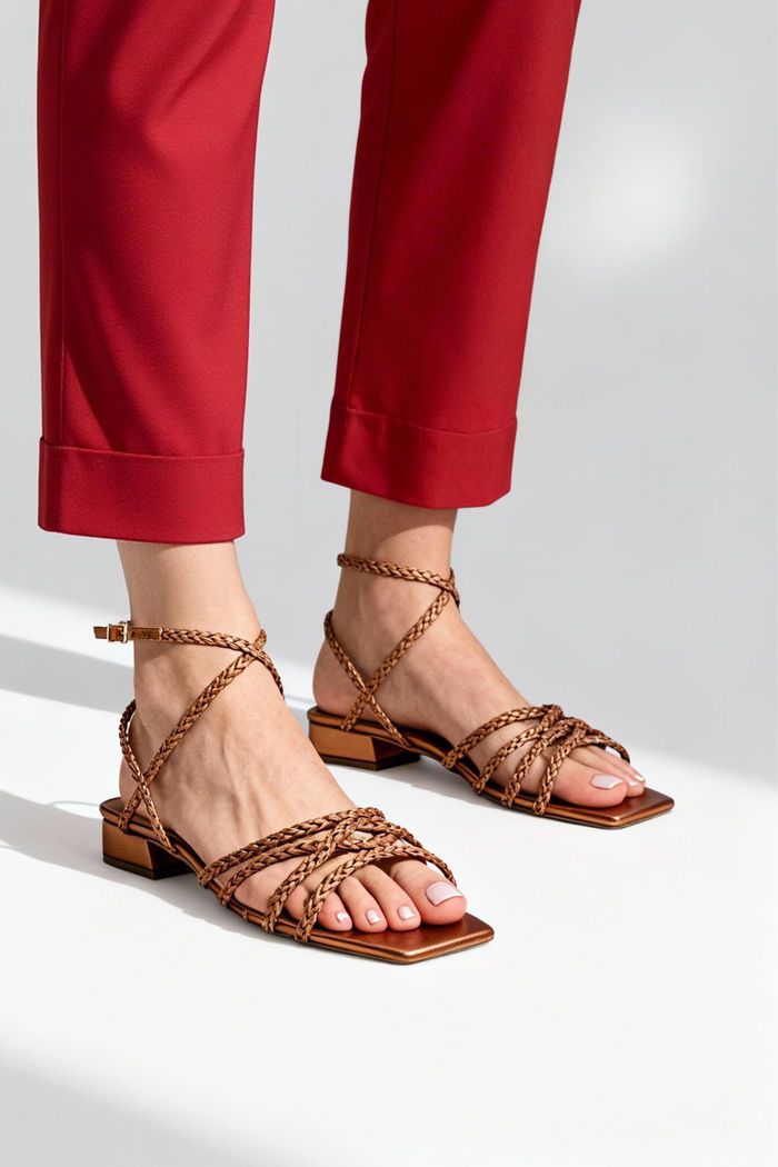 Sandália Com Trancinhas Delicadas E Salto Baixo Bronze