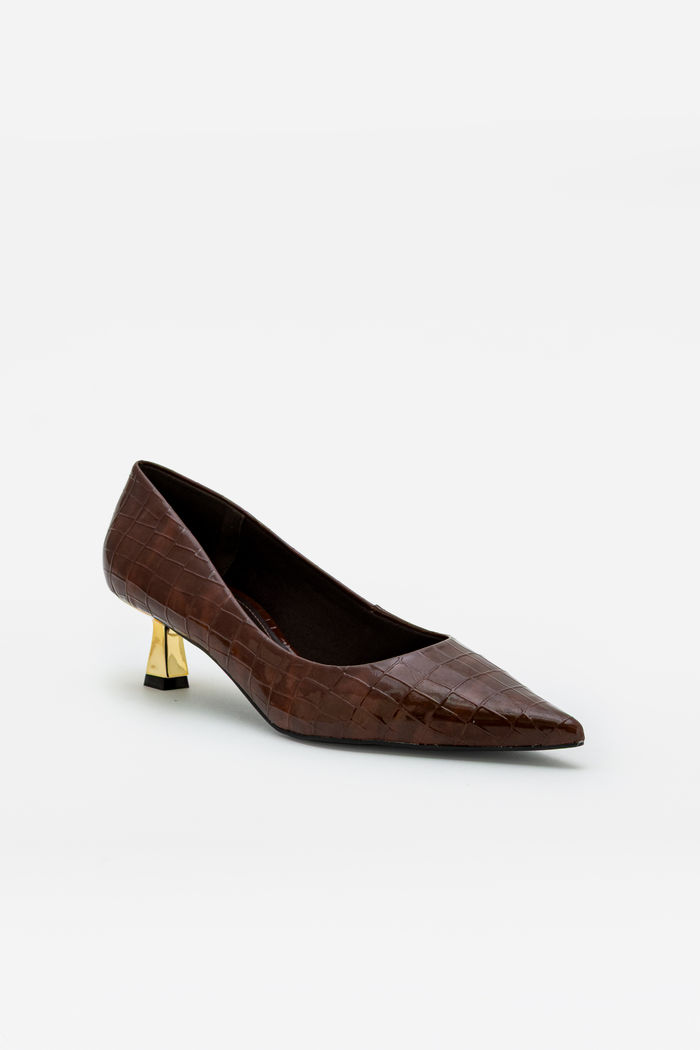 Scarpin em Croco Verniz com Salto Cromado Marrom
