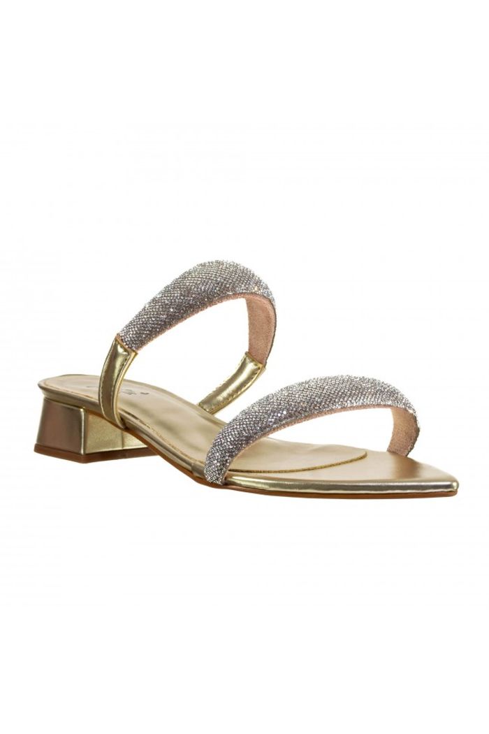 Mule Tiras com Brilhos e Salto Baixo Ouro Light