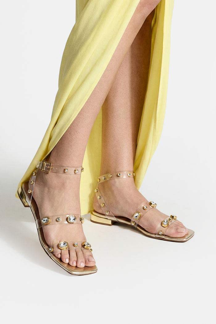 Rasteira com Tiras em Vinil e Pedras Amêndoa