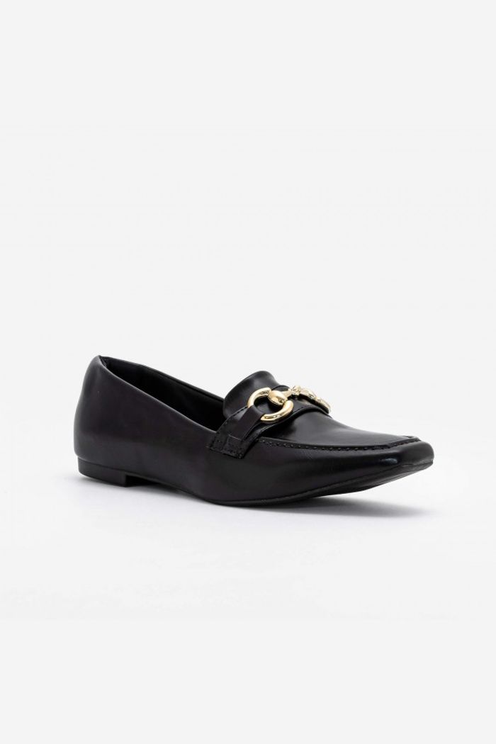 Mocassim Com Enfeite Bico Quadrado Preto
