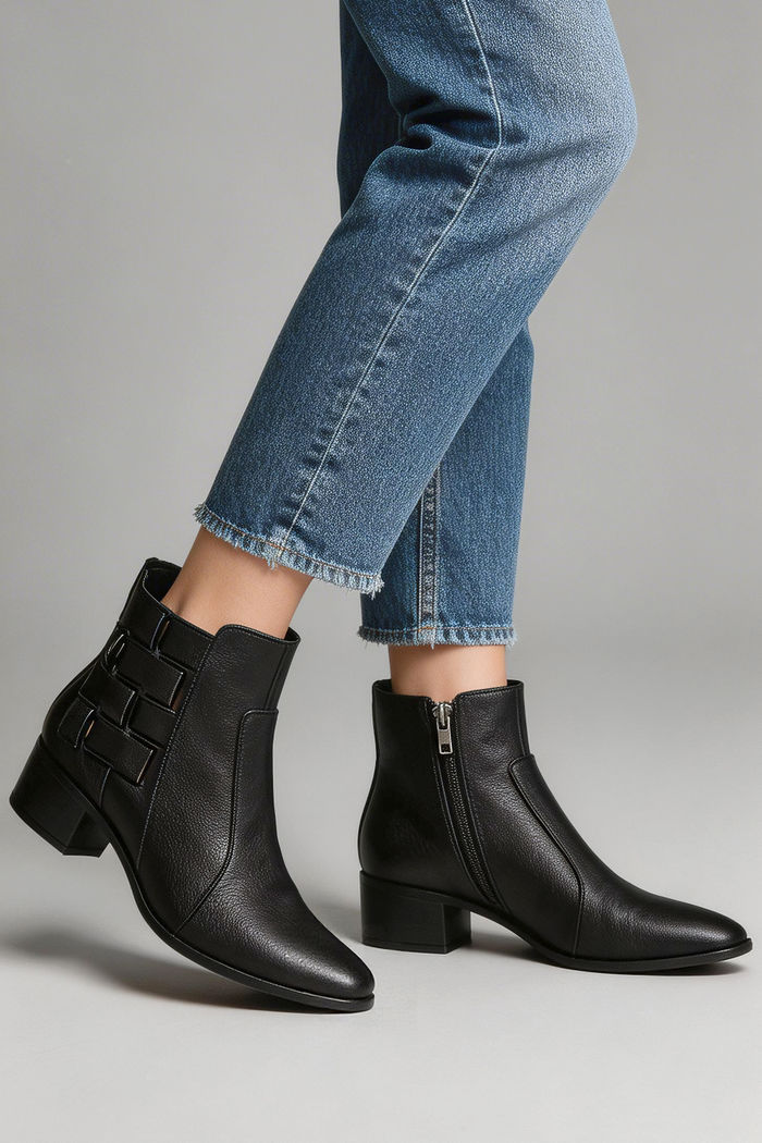 Bota em Couro Cano Curto Elegante Preta