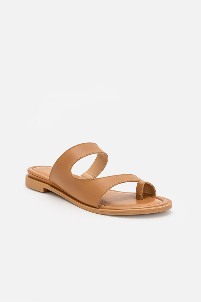 Rasteira em Couro com Dedão e Calcanhar Elevado Amêndoa