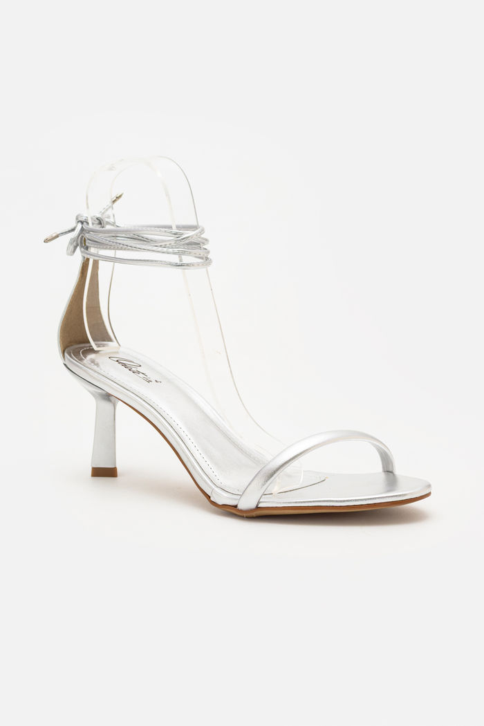 Sandália Delicada com Tira Fina com Salto Geométrico Prata