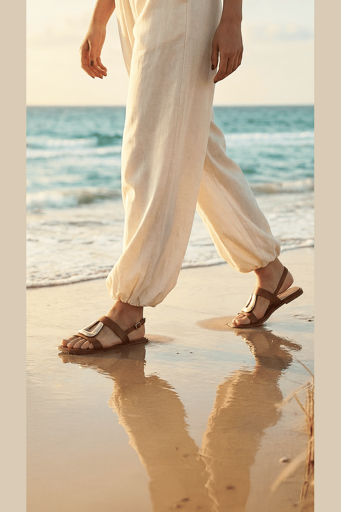 Rasteira em Couro com Enfeite Metálico Tostado