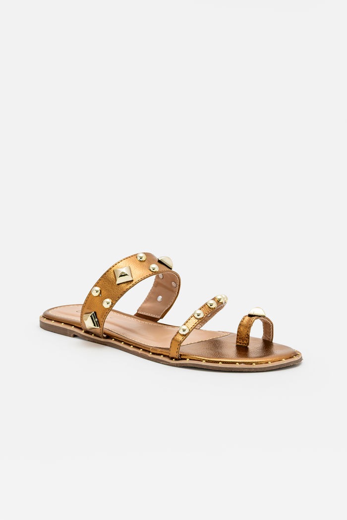 Rasteira com Dedão e Enfeites Metálicos Bronze