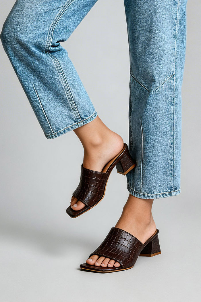 Mule em Croco com Salto Bloco Marrom