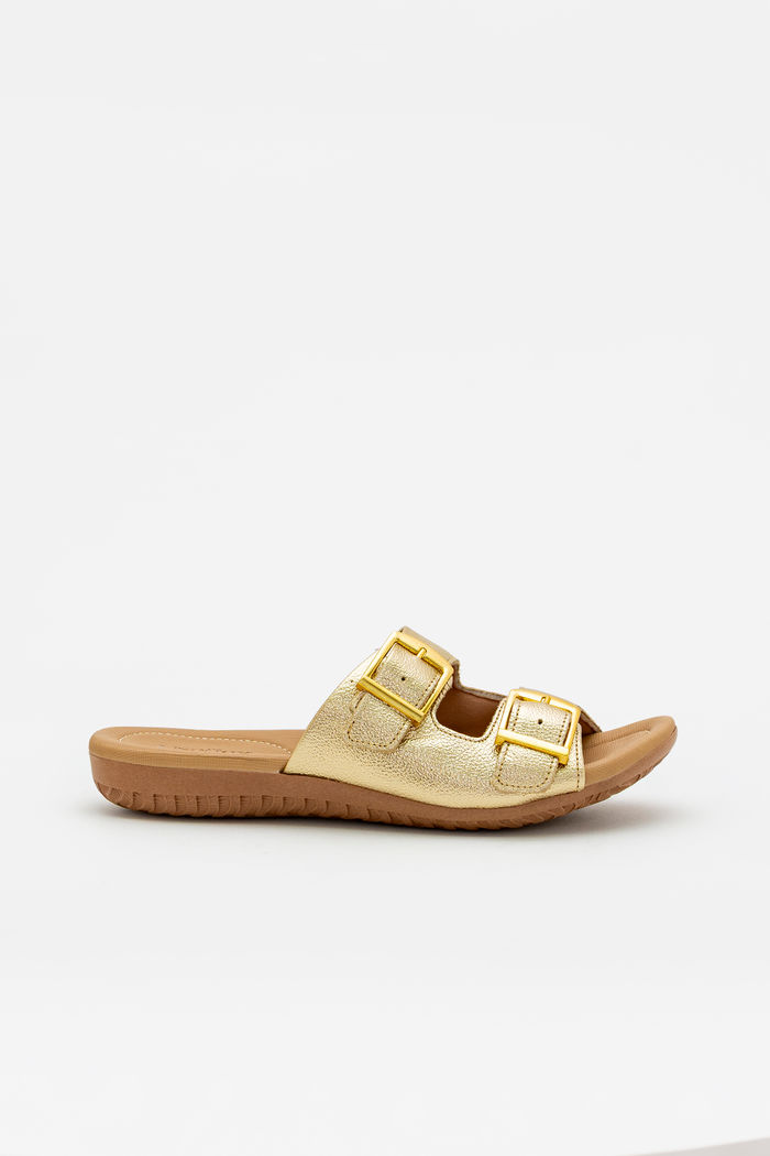 Tamanco em Couro com Duas Fivelas Usaflex Champagne