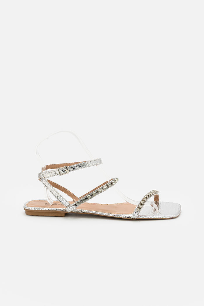 Rasteira com Tiras Delicadas e Strass Prata