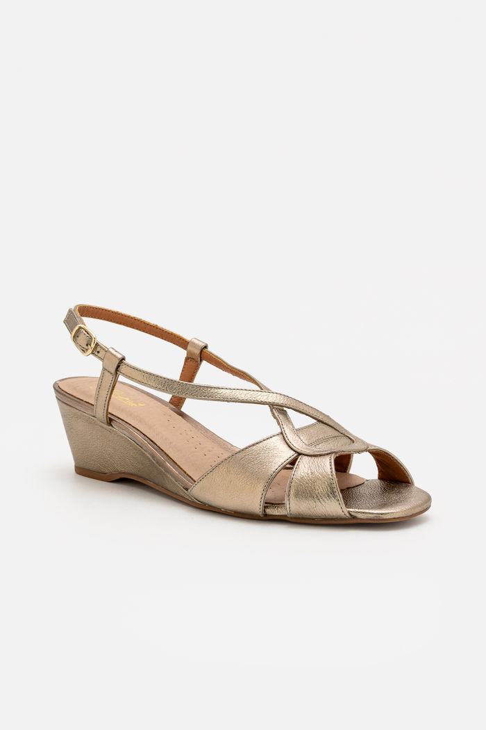 Sandália em Couro com Salto Anabela Elegante Champagne