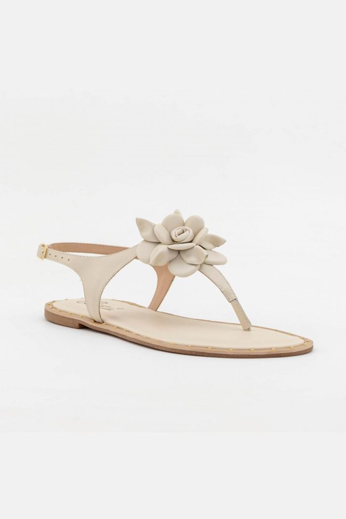 Rasteira Delicadacom Flor em Couro Off White