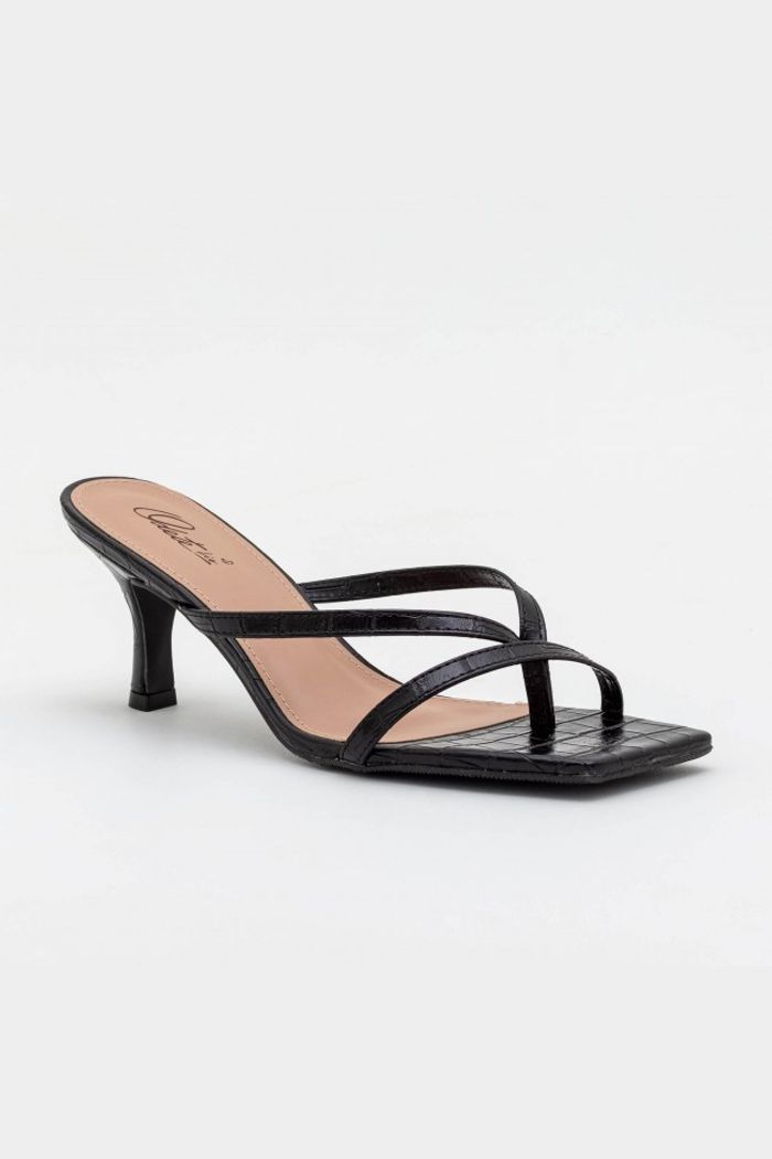 Mule Tiras com Bico Quadrado Preto