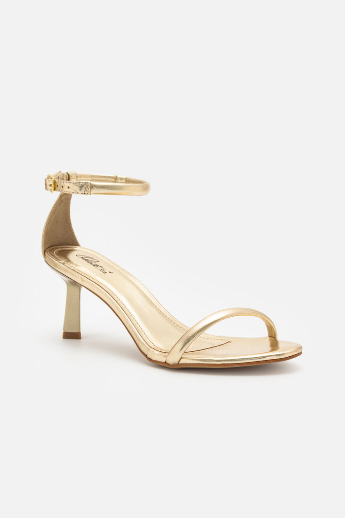 Sandália Delicada com Tira Fina com Salto Geométrico Ouro