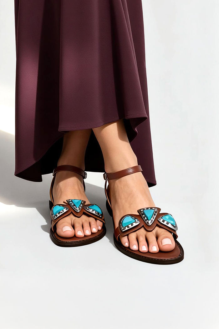 Rasteira em Couro com Enfeites Orgânicos Tostado