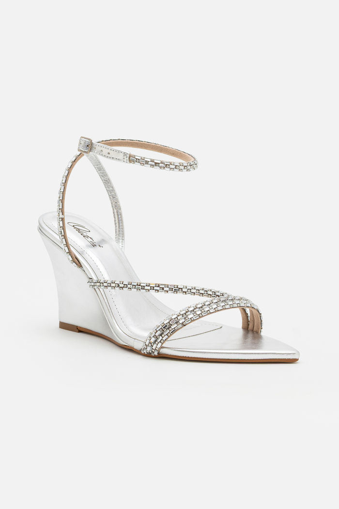 Sandália Anabela com Tiras Finas e Brilho Prata