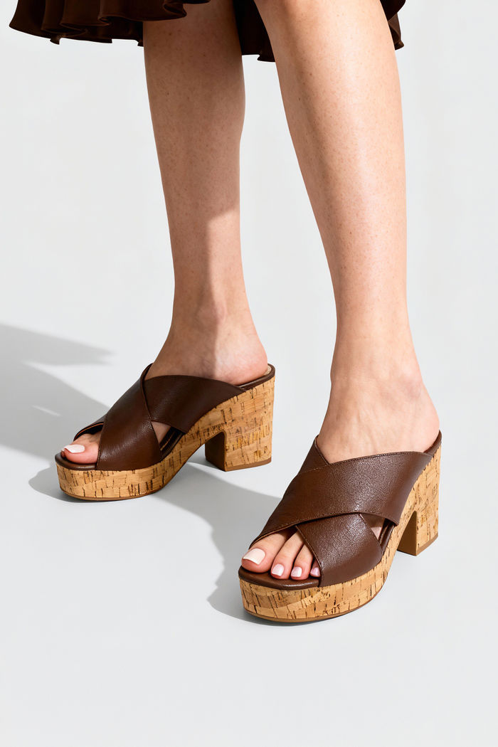 Mule em Couro Cruzado com Solado em Cortiça Natural Café