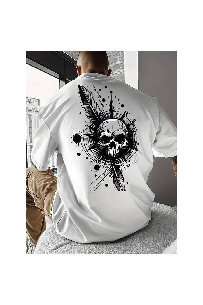 Camiseta Oversized Estampada Caveira Pena