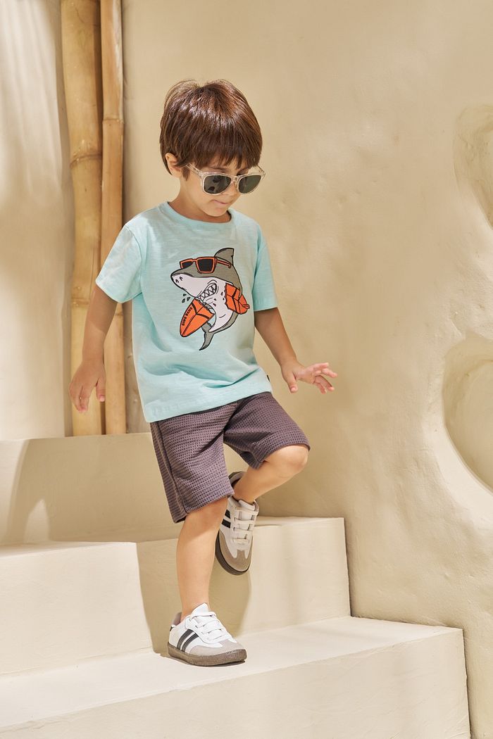 CONJUNTO T-SHIRT EM FLAMÊ E SHORT EM MALHA WAFFLE