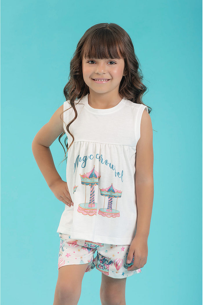 CONJUNTO PIJAMA REGATA COM BABADO EM MEIA MALHA PV E SHORTS EM MEIA MALHA PV CARROSSEL