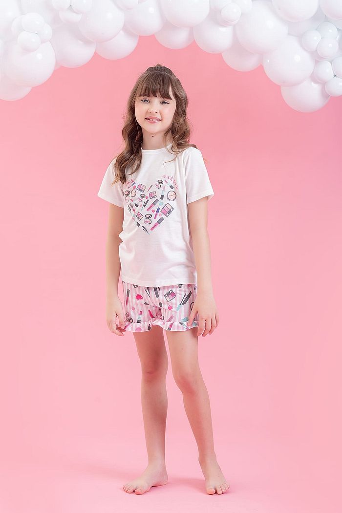 CONJUNTO PIJAMA BLUSA EM MEIA MALHA PV E SHORTS COM BABADO EM MEIA MALHA PV MAQUIAGEM
