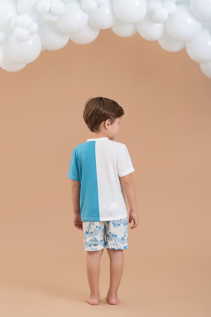 CONJUNTO PIJAMA CAMISETA COM RECORTE EM MEIA MALHA PV E SHORTS EM MEIA MALHA PV MÁQUINA