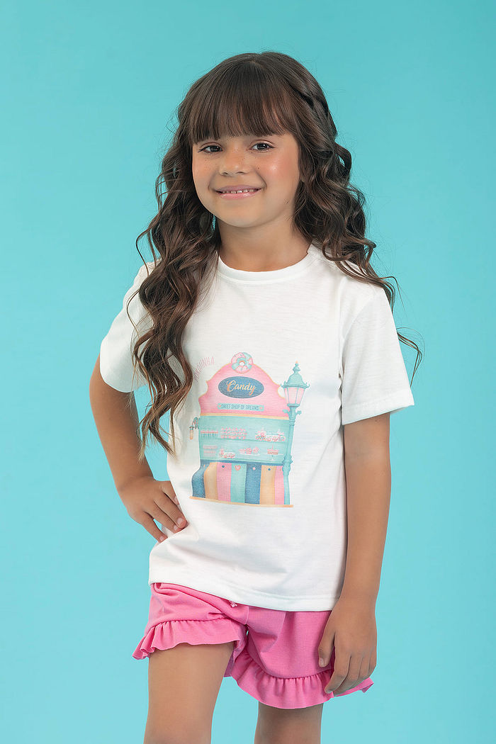 CONJUNTO PIJAMA BLUSA E SHORTS COM BABADO EM MEIA MAHA PV