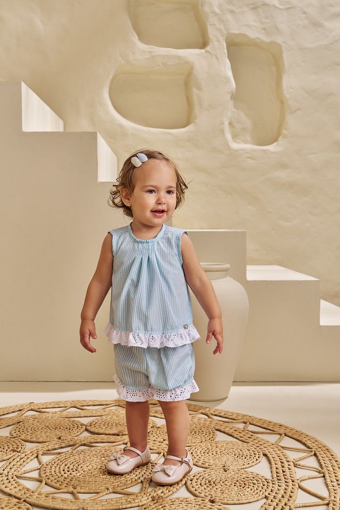 CONJUNTO BATA E SHORTS BOMBACHA EM TECIDO STRIPE MIX E LAISE