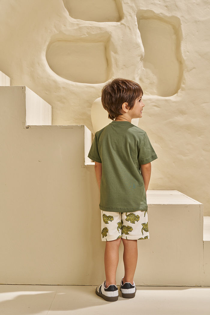 CONJUNTO T-SHIRT EM MEIA MALHA E BERMUDA EM MOLETINHO HAPPY DINO