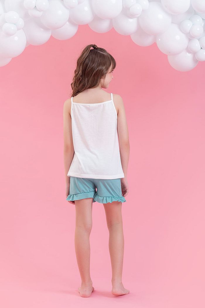 CONJUNTO PIJAMA REGATA DE ALÇAS E SHORTS COM BABADO EM MEIA MALHA PV