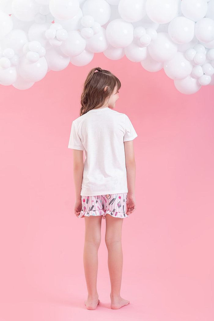 CONJUNTO PIJAMA BLUSA EM MEIA MALHA PV E SHORTS COM BABADO EM MEIA MALHA PV MAQUIAGEM