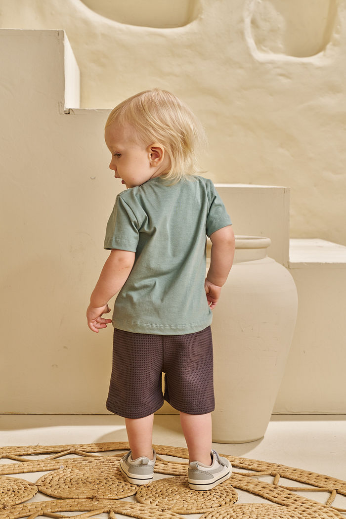 CONJUNTO T-SHIRT EM MEIA MALHA E SHORT EM MALHA WAFFLE