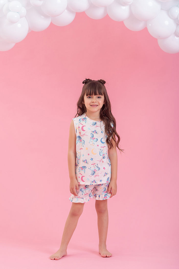 CONJUNTO PIJAMA REGATA E SHORTS COM BABADO EM MEIA MALHA PV MUNDO MÁGICO