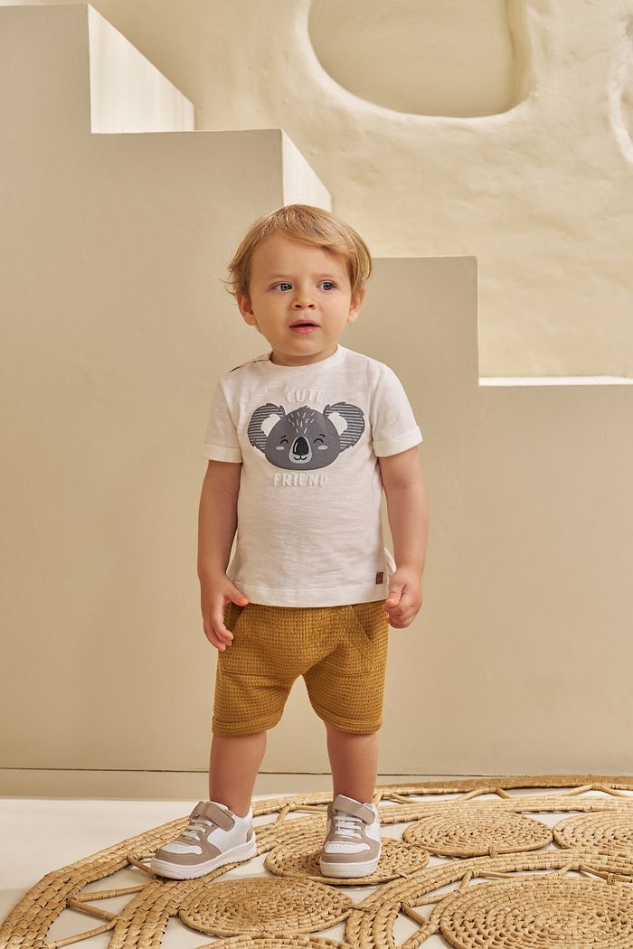 CONJUNTO T-SHIRT EM FLAMÊ E SHORT EM MALHA WAFFLE