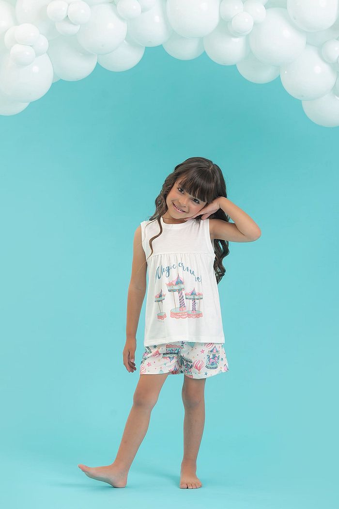 CONJUNTO PIJAMA REGATA COM BABADO EM MEIA MALHA PV E SHORTS EM MEIA MALHA PV CARROSSEL