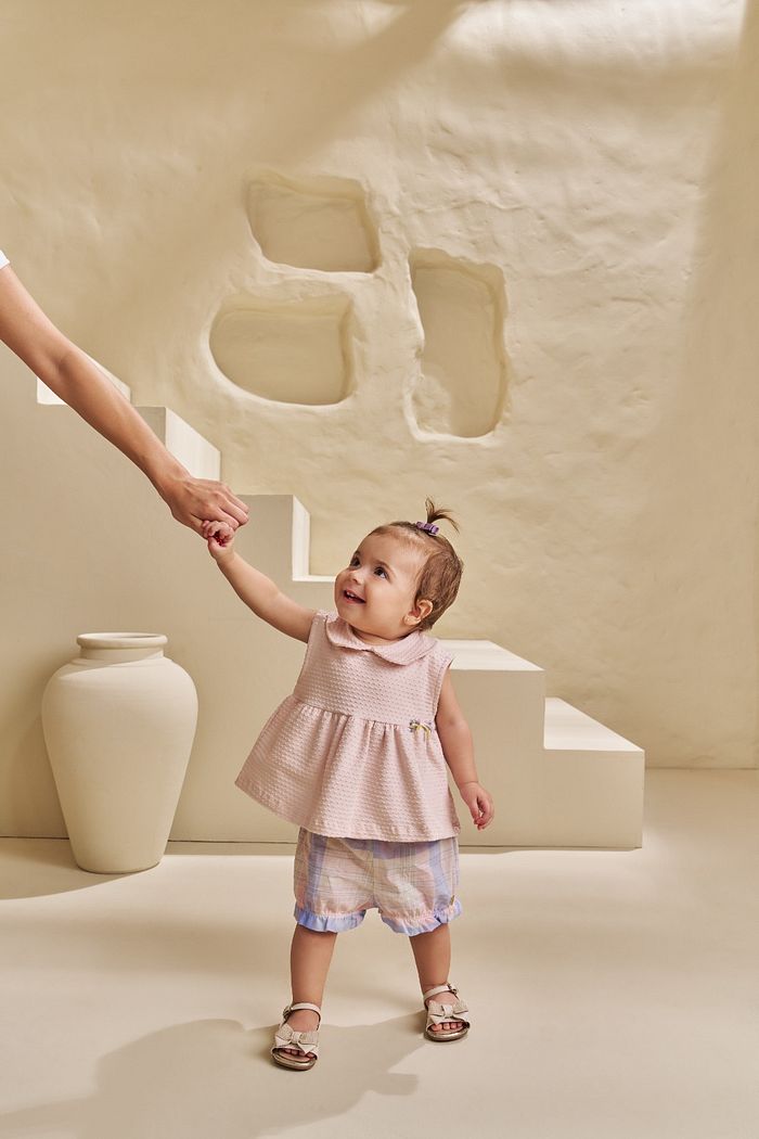 CONJUNTO BATA EM COTTON POÁ E SHORTS BOMBACHA EM VOIL XADREZ PROVENCE