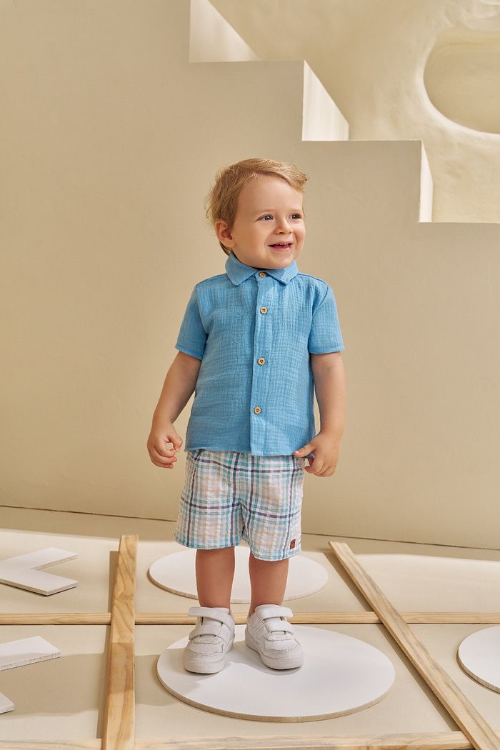 CONJUNTO CAMISA EM TECIDO GAZE HEAVY E SHORT EM TECIDO ANARRUGA CHECK