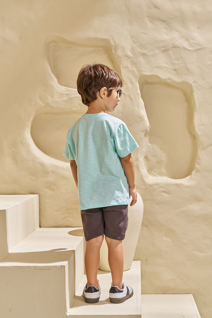 CONJUNTO T-SHIRT EM FLAMÊ E SHORT EM MALHA WAFFLE