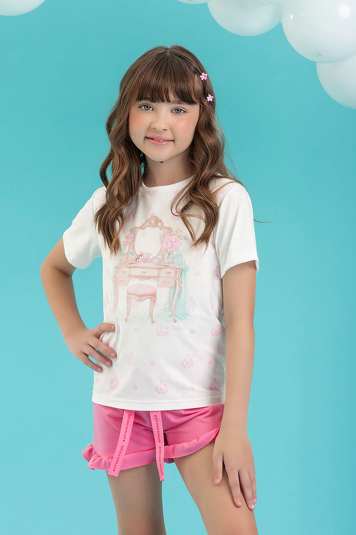 CONJUNTO PIJAMA BLUSA E SHORTS COM BABADO EM MEIA MALHA PV