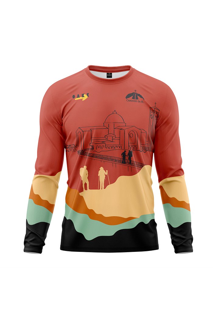 camiseta na cor vermelha  para peregrinos que vão percorrer o caminho da fé imagem frontal 