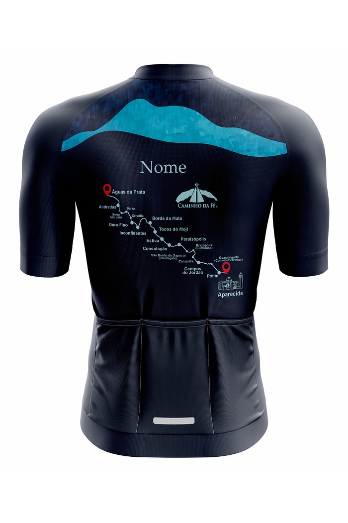 camiseta de ciclismo traseira com estampa de montanhas representando minas gerais e o caminho da fé na cor azul