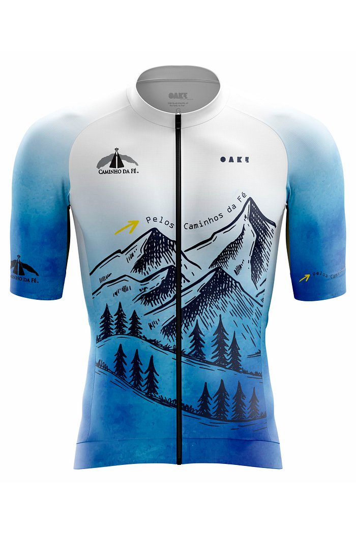 camisa para ciclistas com tema caminho da fé pelos caminhos da fé, parte frontal com estampa em azul