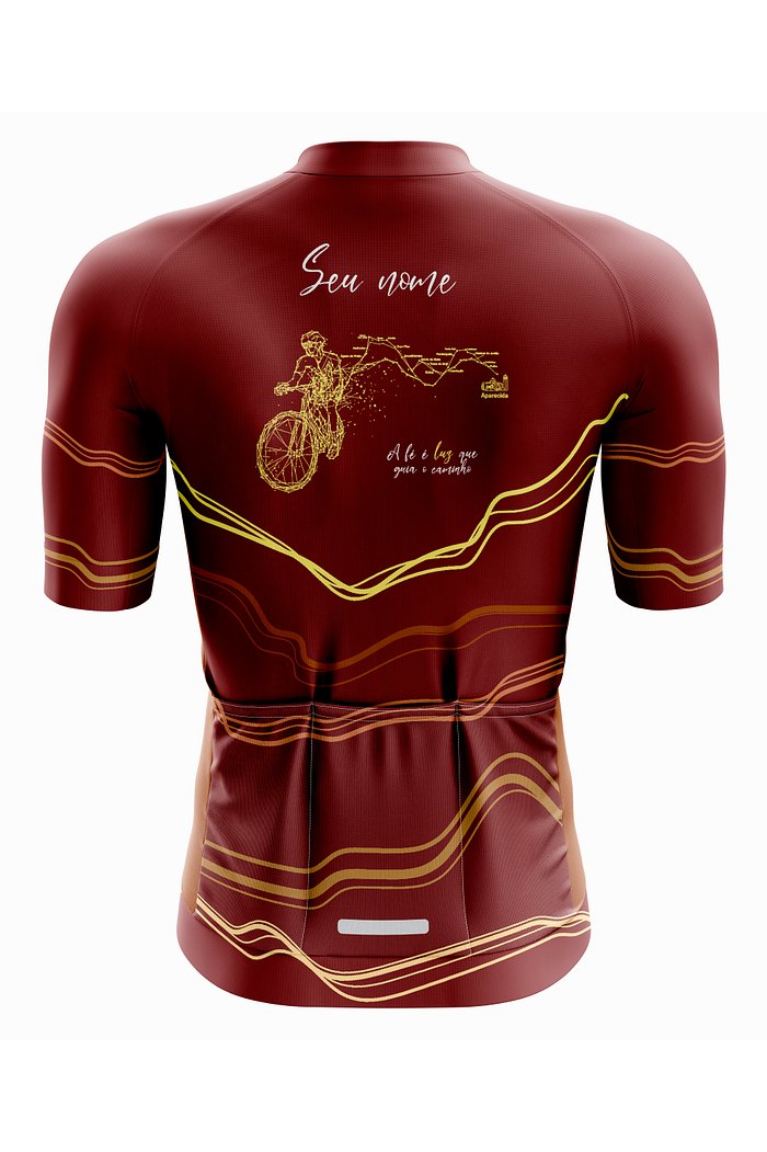 Camisa de ciclismo Colinas, vista traseira, com linhas que lembram colinas na cor granada no Caminho da Fé.