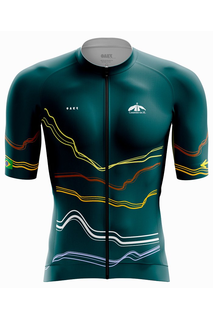 Camisa de ciclismo Colinas, vista frontal, com linhas que lembram colinas no Caminho da Fé.