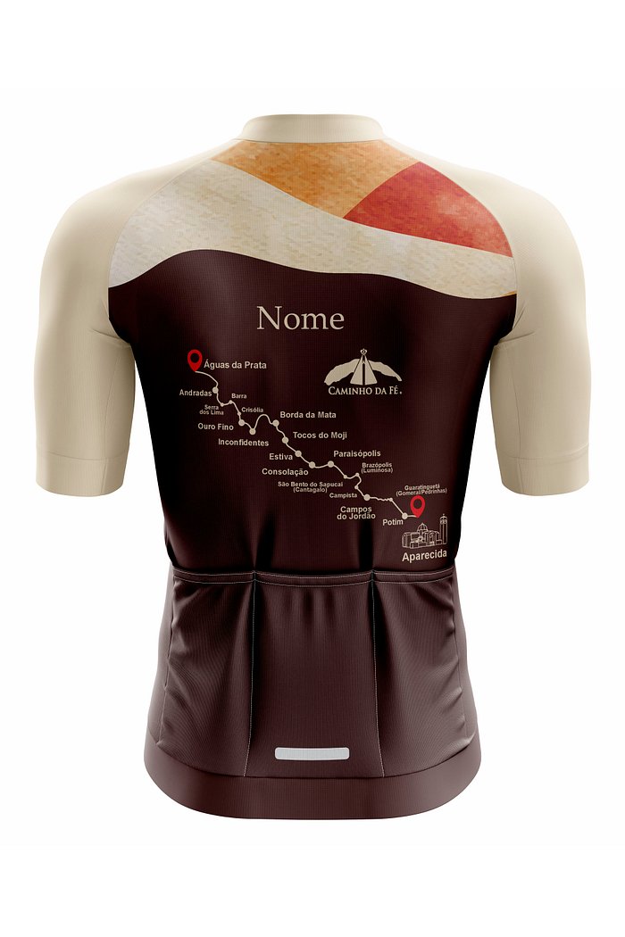 camisa de ciclismo com estampa traseira com referencia as montanhas de minas que retratam o caminho da fé