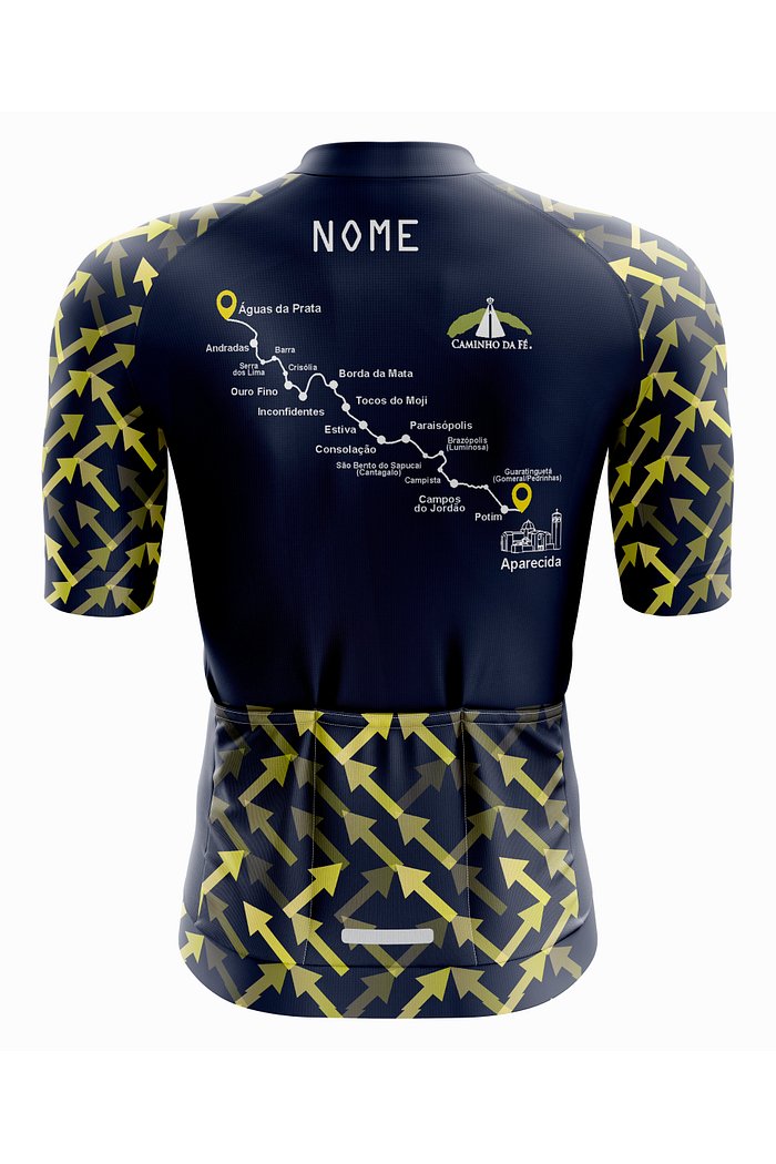 camisa de ciclismo traseira com tema brasil setas amarelas caminho da fé