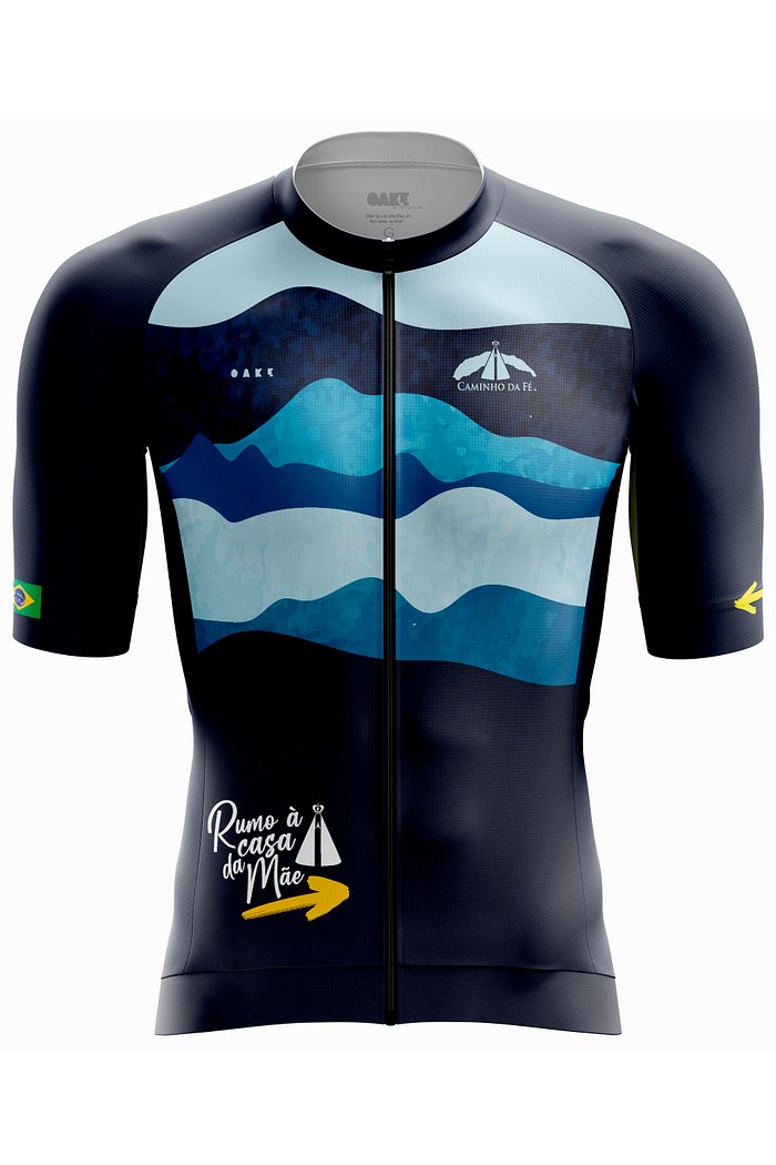 camiseta de ciclismo frontal com estampa de montanhas representando minas gerais e o caminho da fé na cor azul